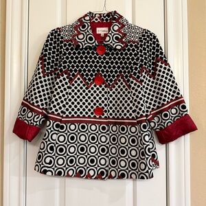 3 Sisters Black and White Geometric Jacket with Red Highlights, MP, EUC